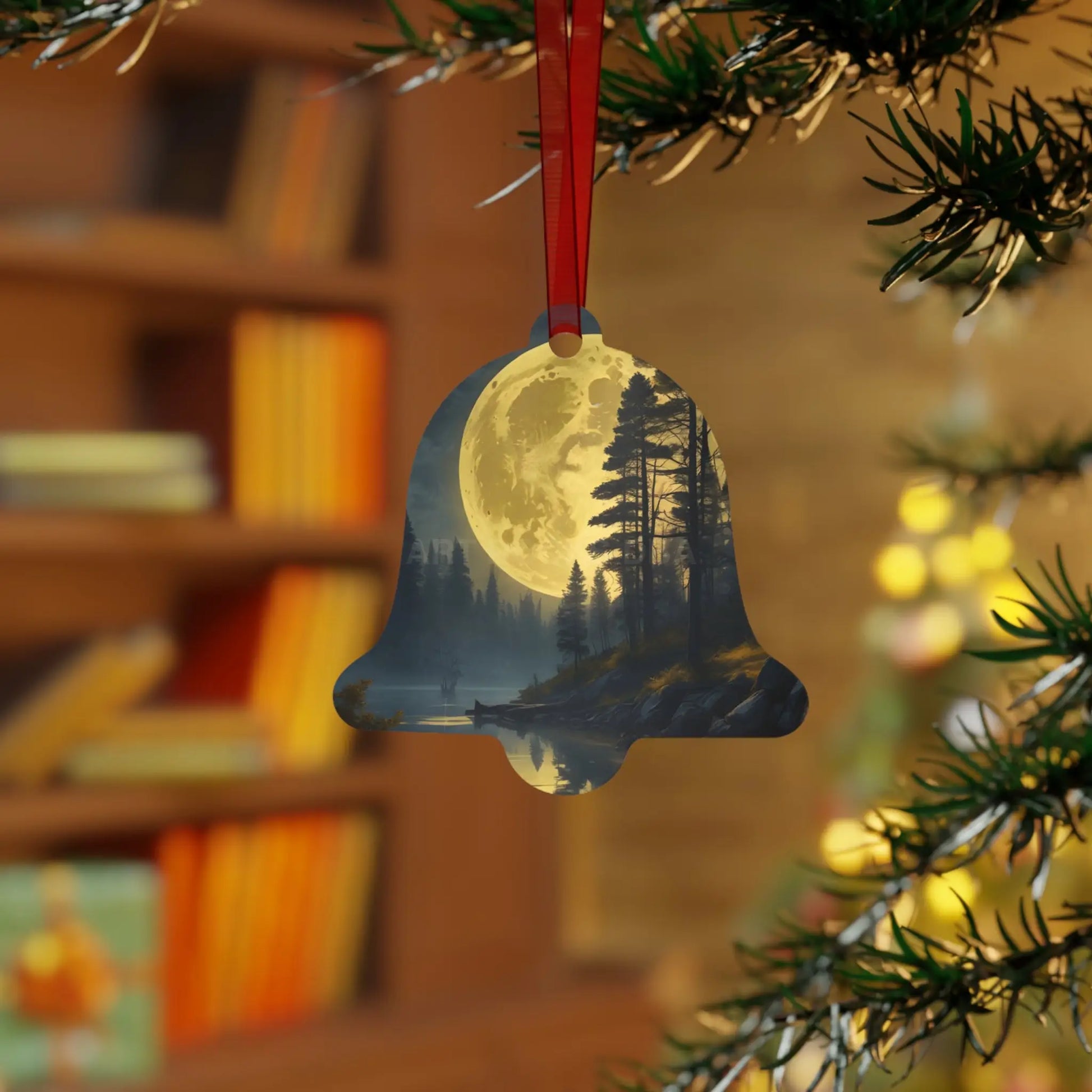 Metal Ornament — Moonlit Forest Over the Lake | Scenic Nature Christmas Decoration - Bell / One Size - Home Decor