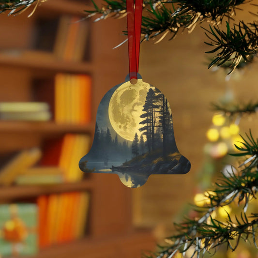 Metal Ornament — Moonlit Forest Over the Lake | Scenic Nature Christmas Decoration - Bell / One Size - Home Decor