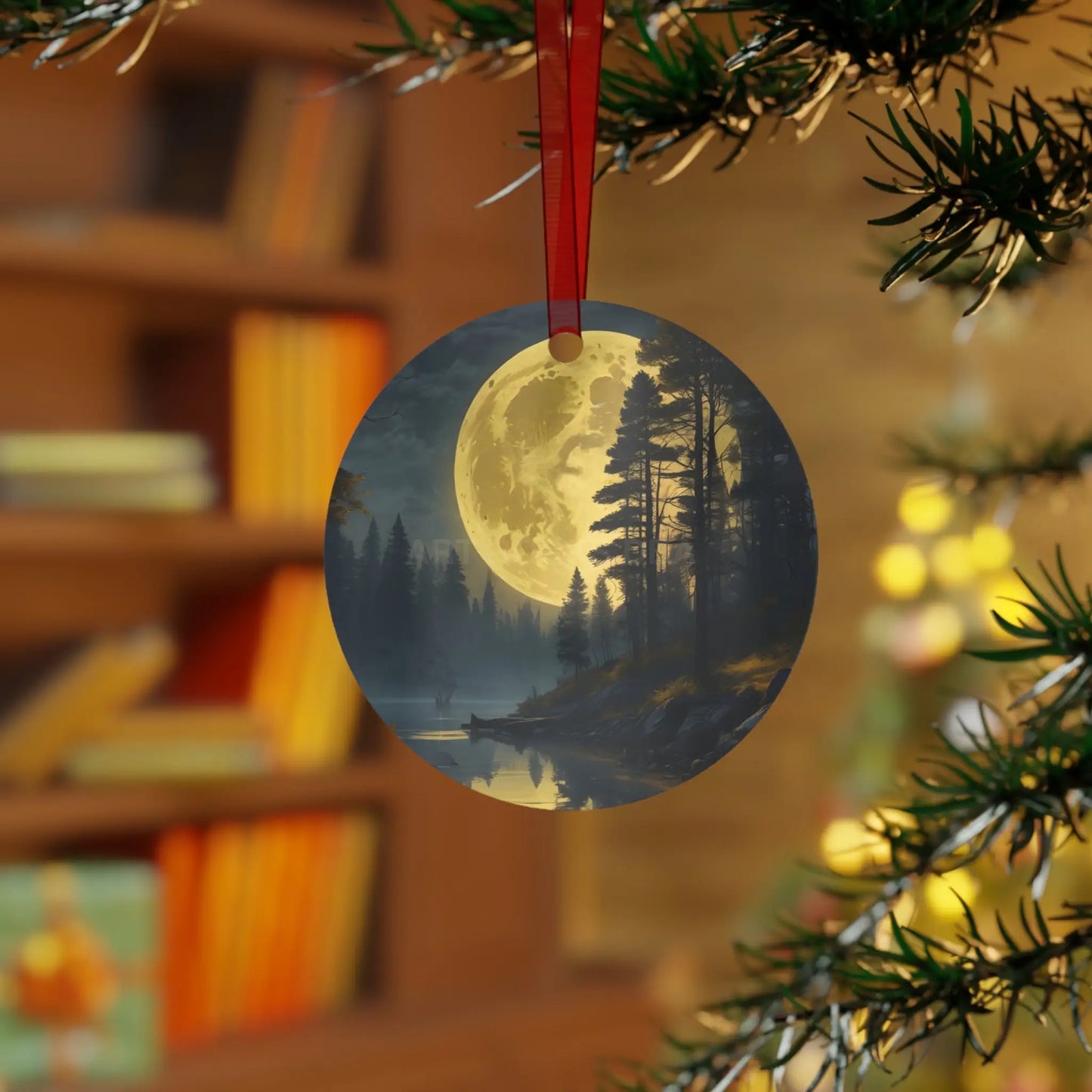 Metal Ornament — Moonlit Forest Over the Lake | Scenic Nature Christmas Decoration - Home Decor