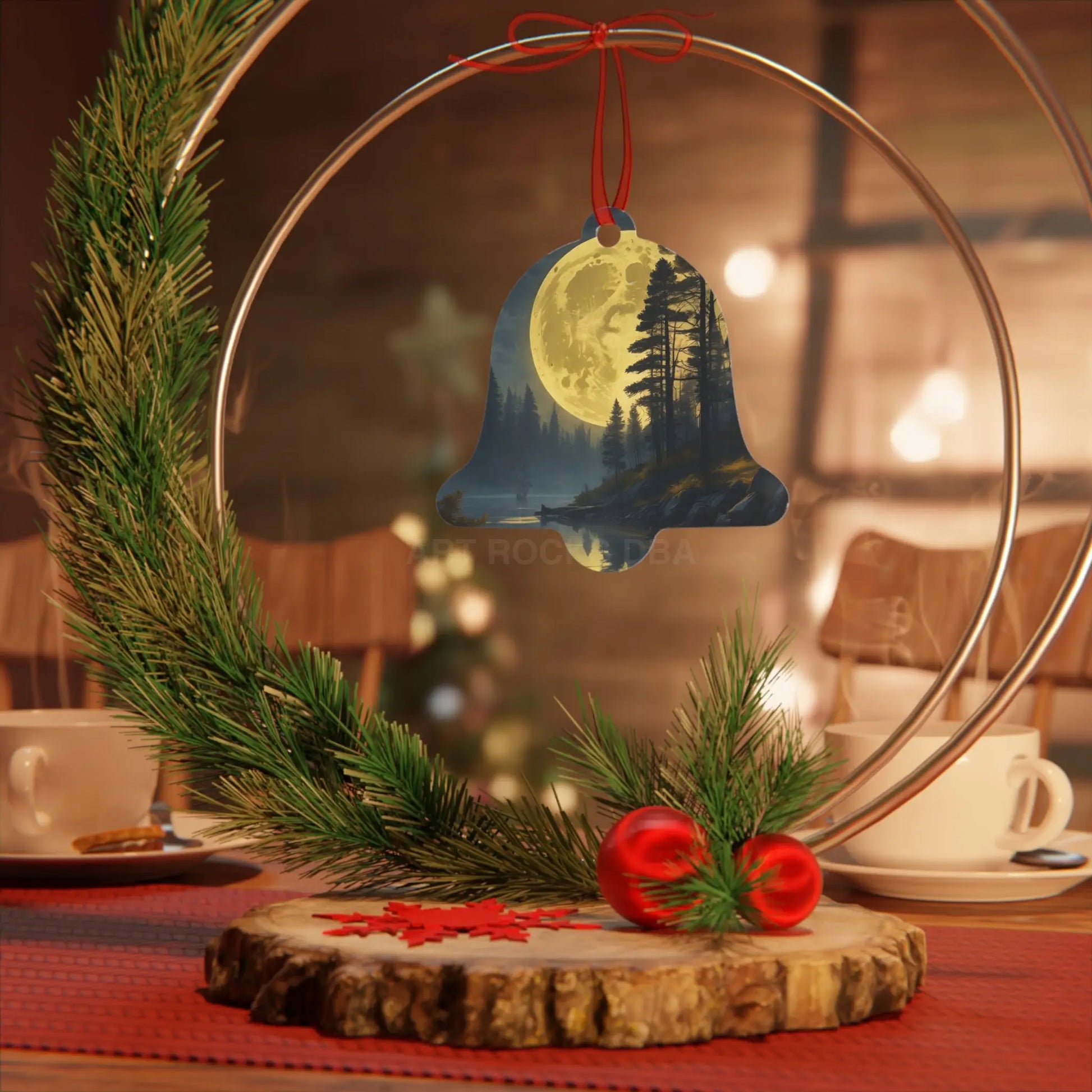 Metal Ornament — Moonlit Forest Over the Lake | Scenic Nature Christmas Decoration - Home Decor