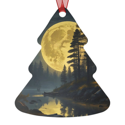 Metal Ornament — Moonlit Forest Over the Lake | Scenic Nature Christmas Decoration - Home Decor