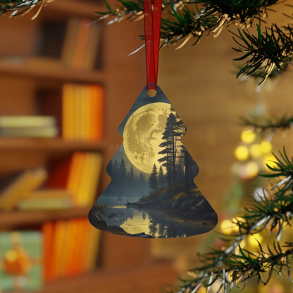 Metal Ornament — Moonlit Forest Over the Lake | Scenic Nature Christmas Decoration - Home Decor