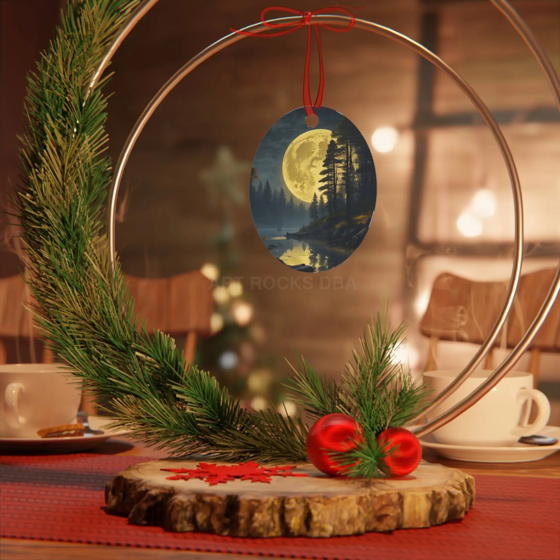 Metal Ornament — Moonlit Forest Over the Lake | Scenic Nature Christmas Decoration - Home Decor