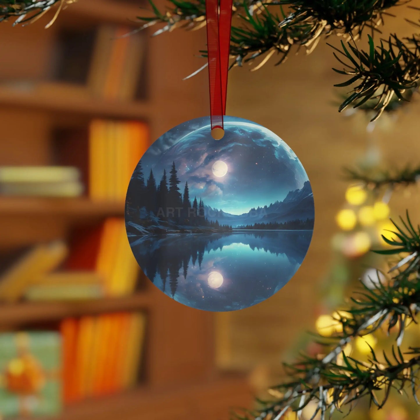 Metal Ornament — Moonlit Lake Landscape Christmas Tree Decoration - Home Decor