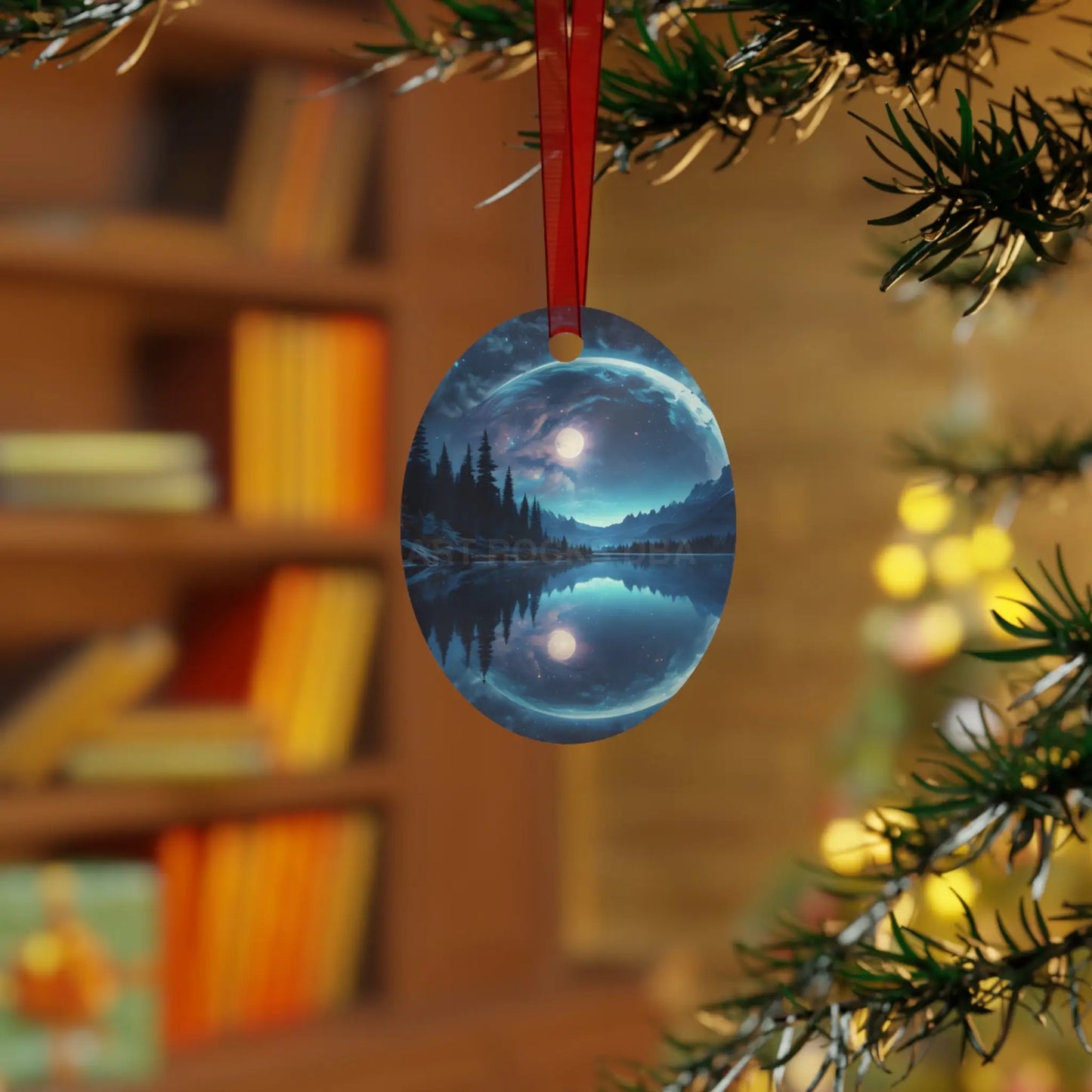Metal Ornament — Moonlit Lake Landscape Christmas Tree Decoration - Home Decor
