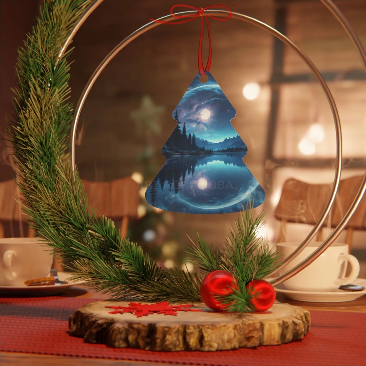 Metal Ornament — Moonlit Lake Landscape Christmas Tree Decoration - Home Decor