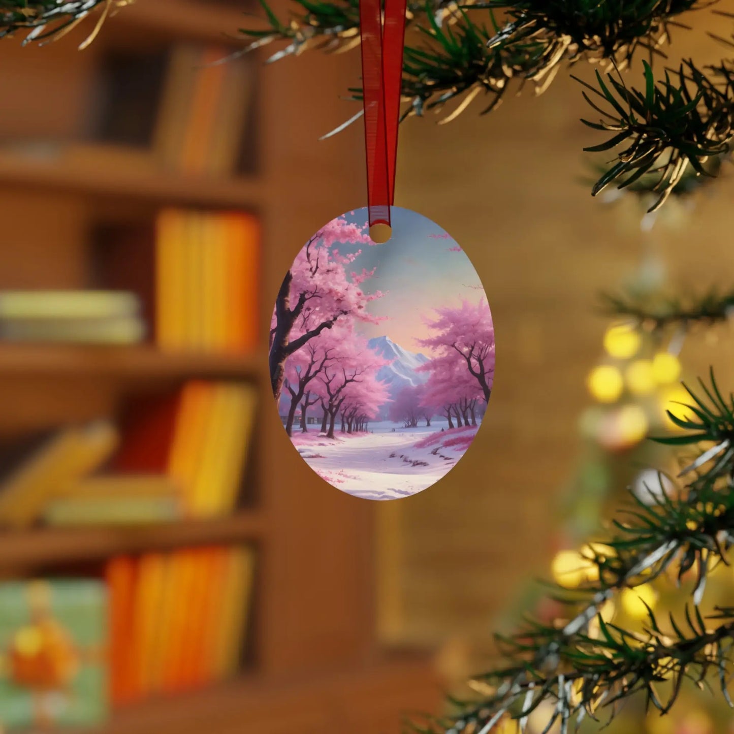 Metal Ornament — Pink Cherry Blossom Landscape Holiday Decoration - Home Decor