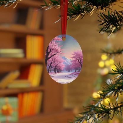 Metal Ornament — Pink Cherry Blossom Landscape Holiday Decoration - Home Decor