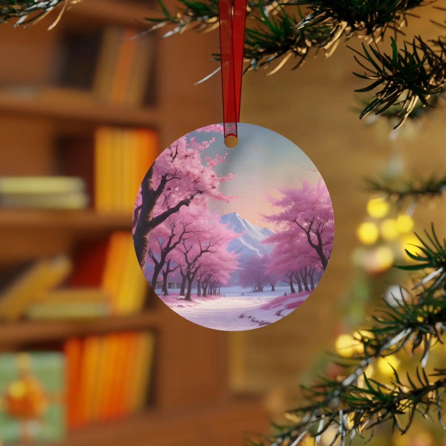 Metal Ornament — Pink Cherry Blossom Landscape Holiday Decoration - Home Decor