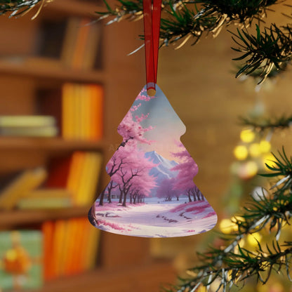 Metal Ornament — Pink Cherry Blossom Landscape Holiday Decoration - Tree / One Size - Home Decor