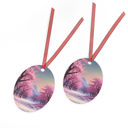 Metal Ornament — Pink Cherry Blossom Landscape Holiday Decoration - Home Decor
