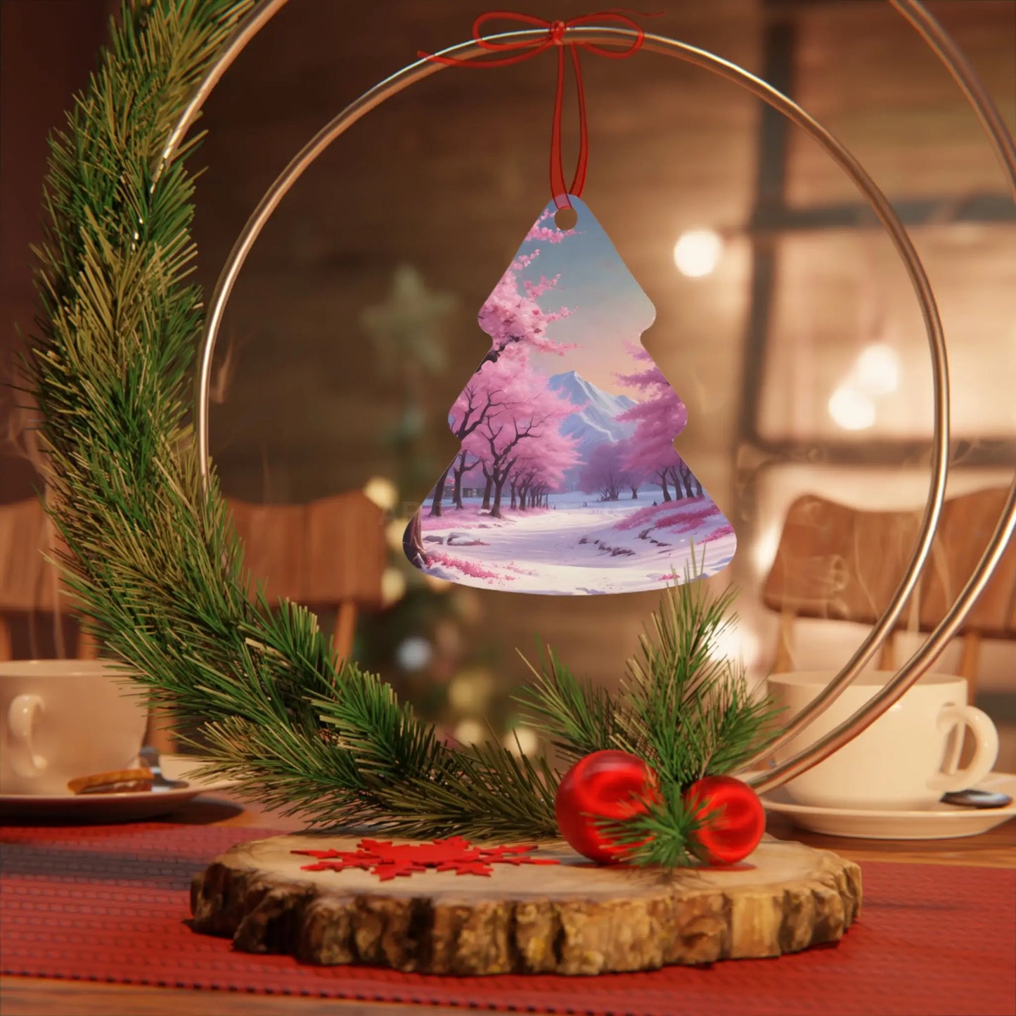 Metal Ornament — Pink Cherry Blossom Landscape Holiday Decoration - Home Decor