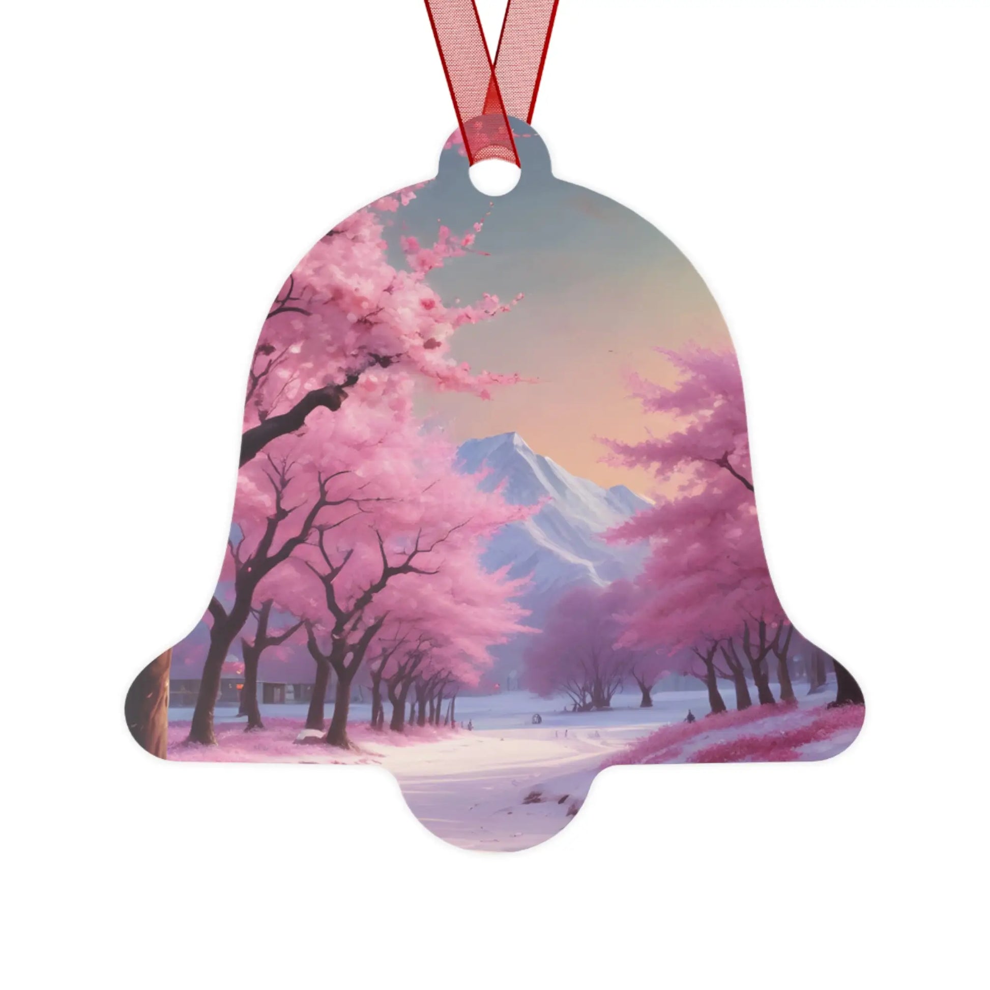 Metal Ornament — Pink Cherry Blossom Landscape Holiday Decoration - Bell / One Size - Home Decor