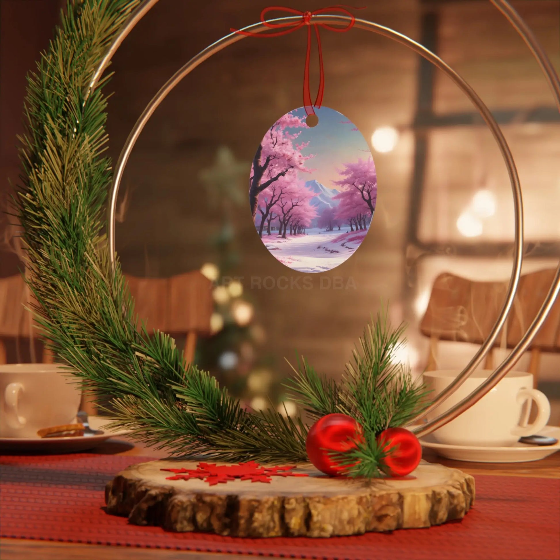 Metal Ornament — Pink Cherry Blossom Landscape Holiday Decoration - Home Decor