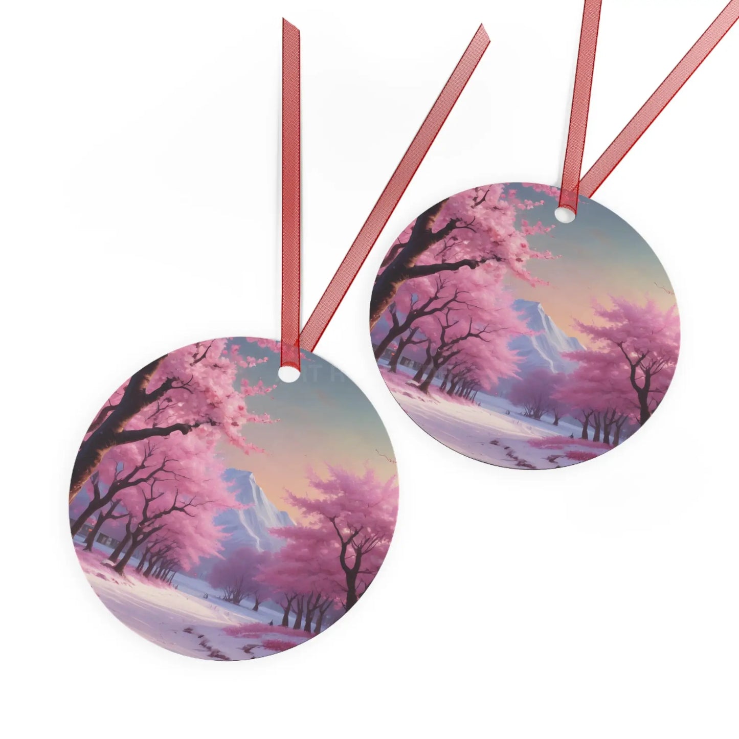 Metal Ornament — Pink Cherry Blossom Landscape Holiday Decoration - Home Decor