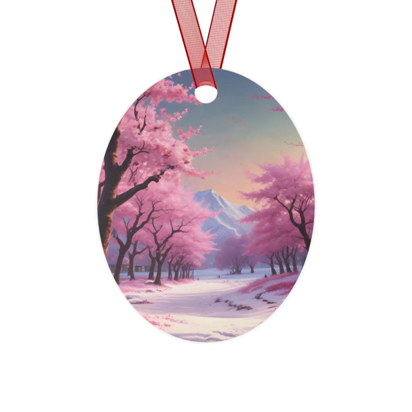 Metal Ornament — Pink Cherry Blossom Landscape Holiday Decoration - Oval / One Size - Home Decor