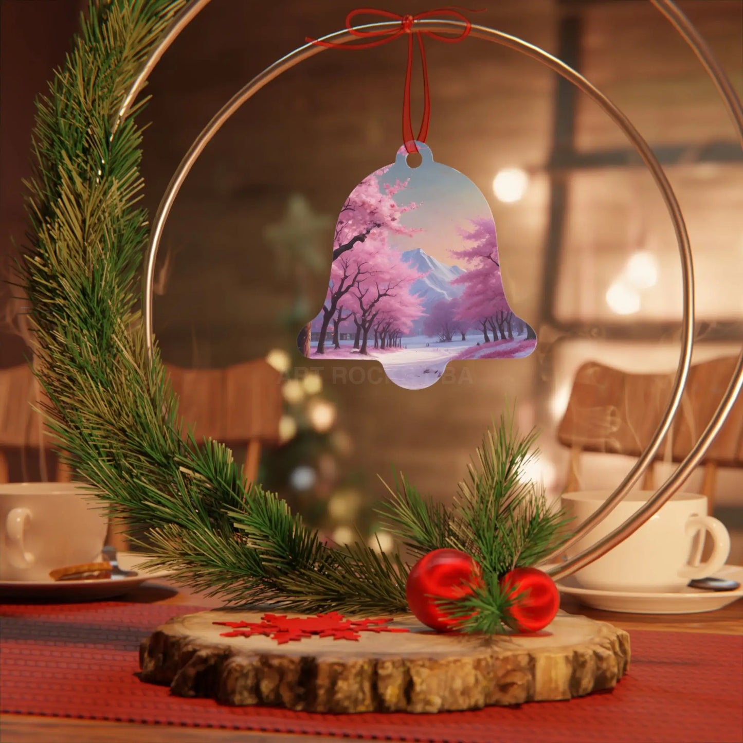 Metal Ornament — Pink Cherry Blossom Landscape Holiday Decoration - Home Decor