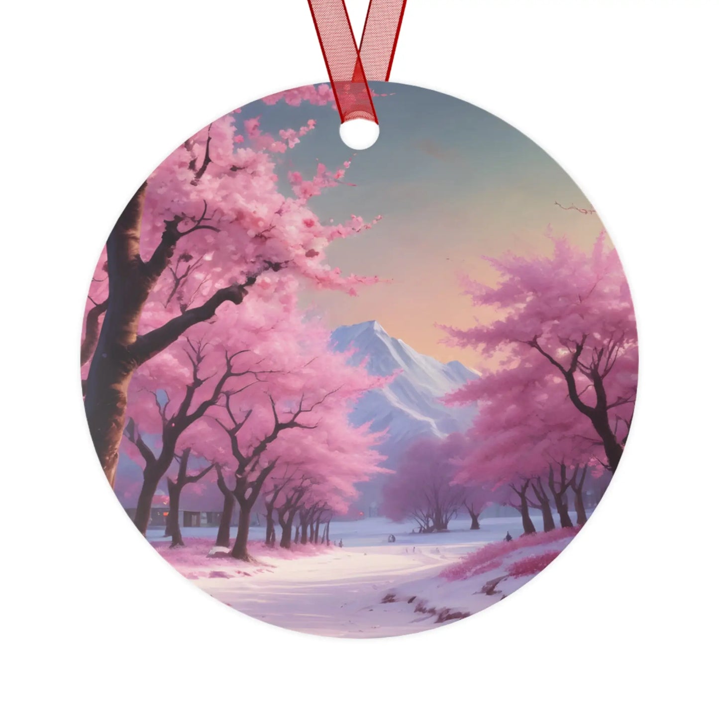Metal Ornament — Pink Cherry Blossom Landscape Holiday Decoration - Round / One Size - Home Decor