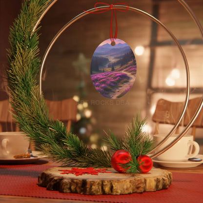 Metal Ornament — Scenic Mountain Valley with Pink Wildflowers (Holiday Decor) - Home Decor