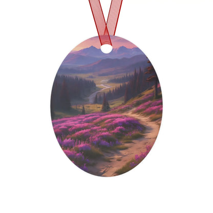 Metal Ornament — Scenic Mountain Valley with Pink Wildflowers (Holiday Decor) - Oval / One Size - Home Decor