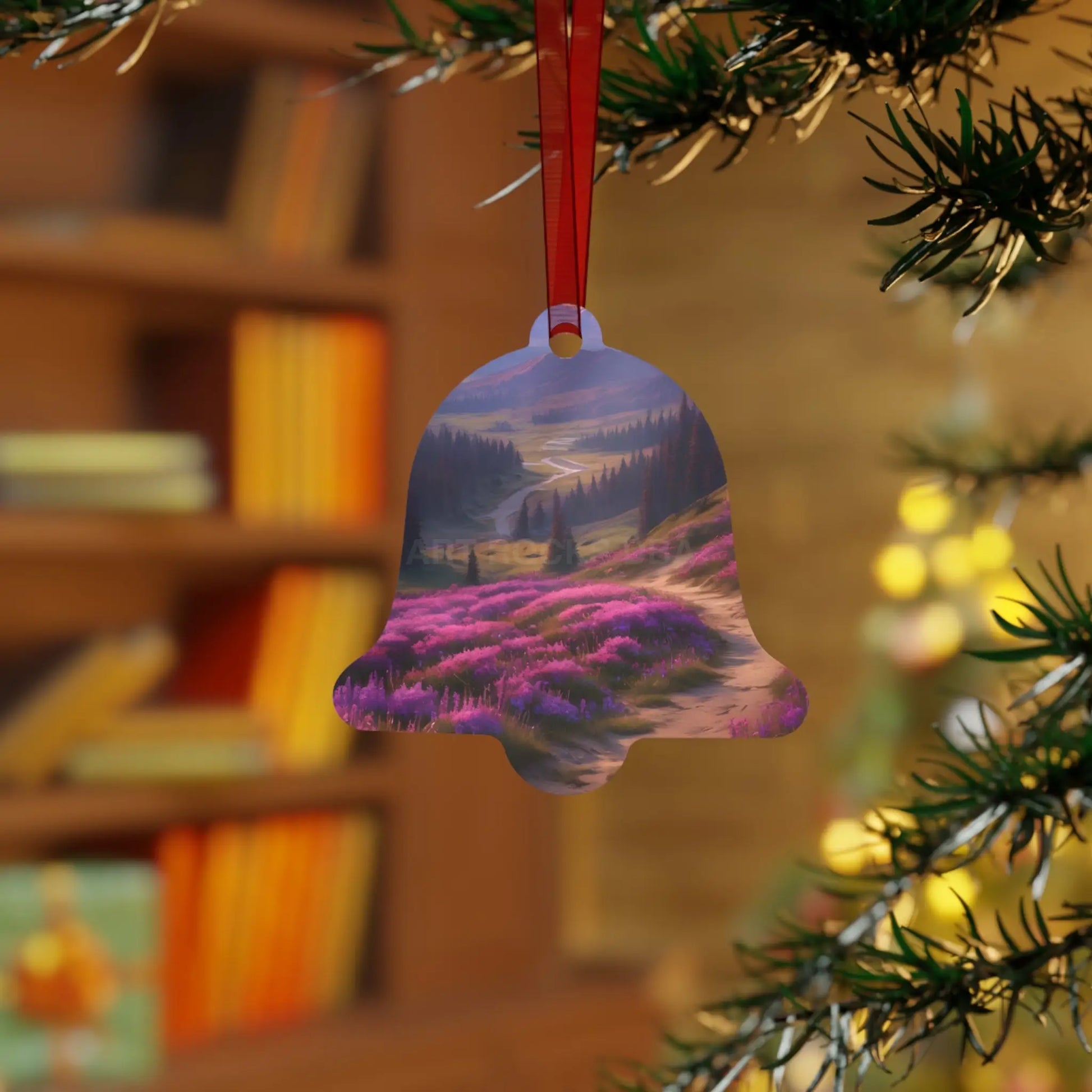 Metal Ornament — Scenic Mountain Valley with Pink Wildflowers (Holiday Decor) - Home Decor