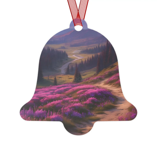 Metal Ornament — Scenic Mountain Valley with Pink Wildflowers (Holiday Decor) - Bell / One Size - Home Decor