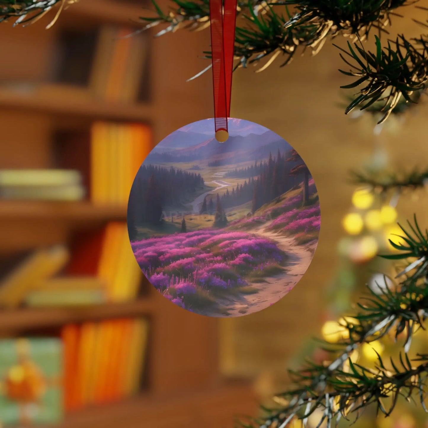 Metal Ornament — Scenic Mountain Valley with Pink Wildflowers (Holiday Decor) - Home Decor