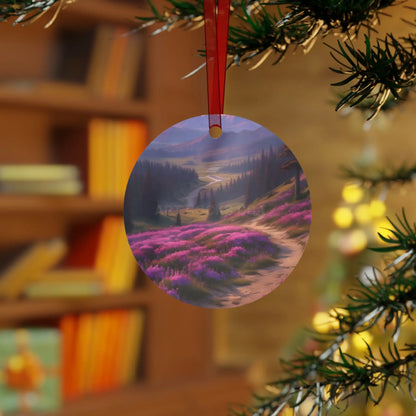 Metal Ornament — Scenic Mountain Valley with Pink Wildflowers (Holiday Decor) - Home Decor