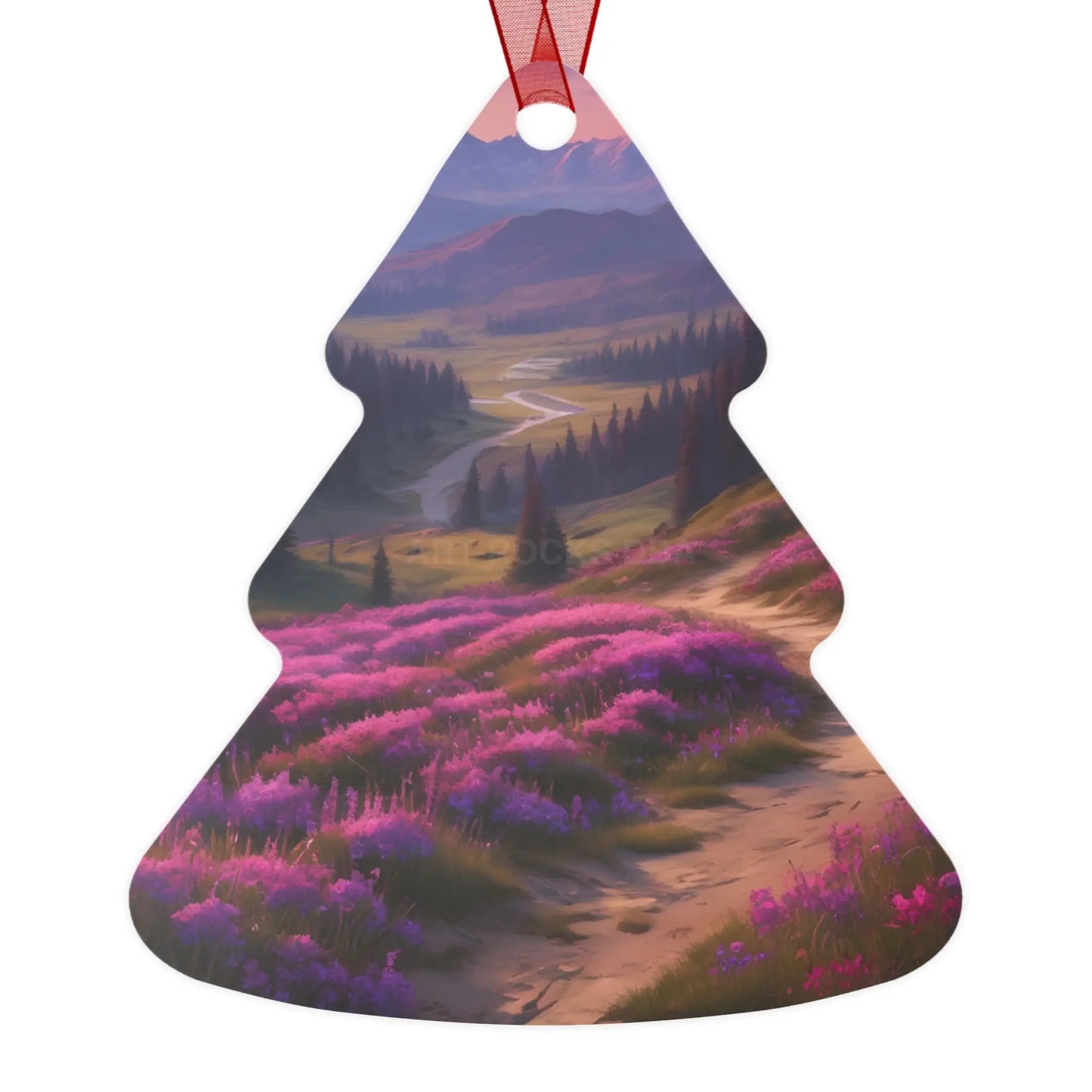 Metal Ornament — Scenic Mountain Valley with Pink Wildflowers (Holiday Decor) - Home Decor