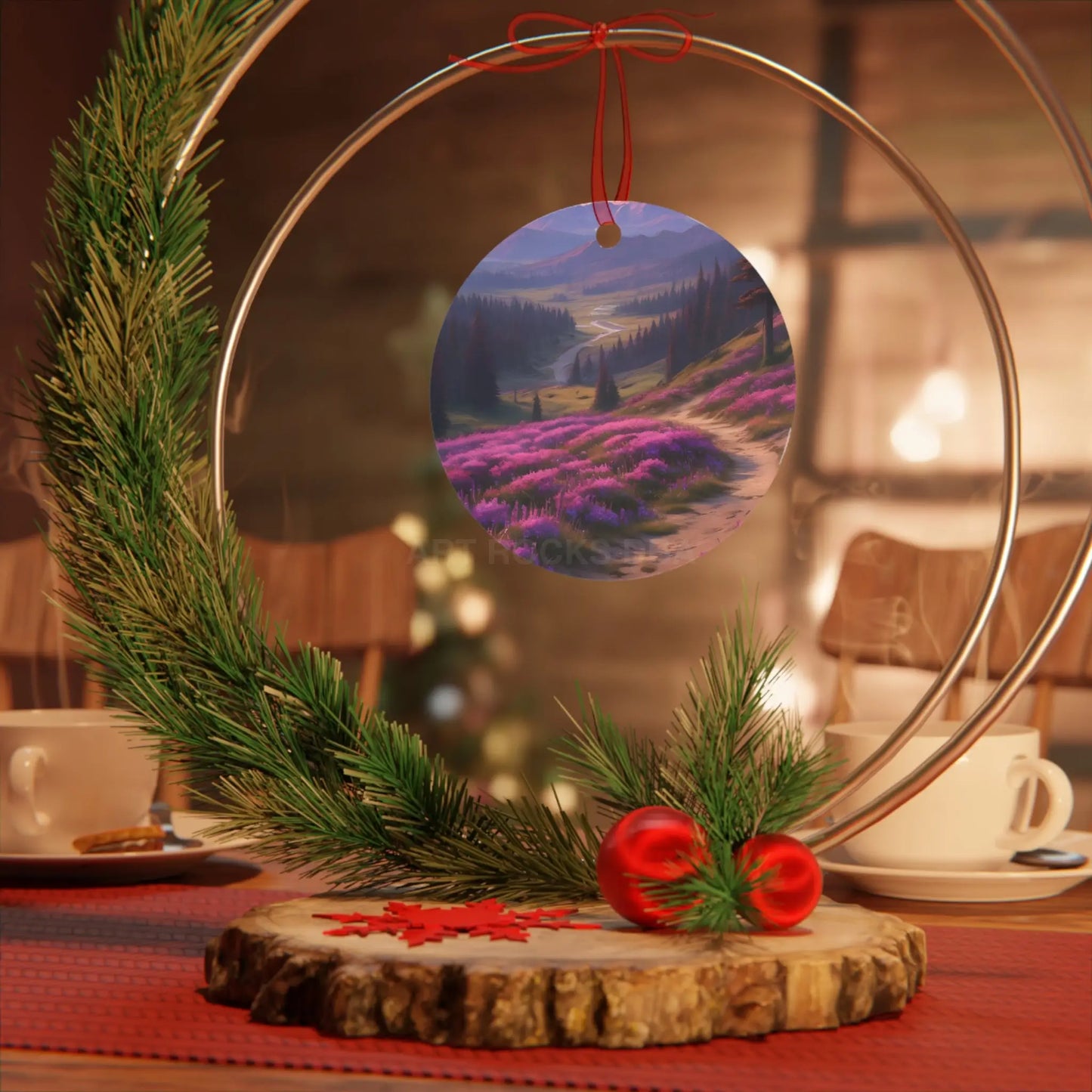 Metal Ornament — Scenic Mountain Valley with Pink Wildflowers (Holiday Decor) - Home Decor