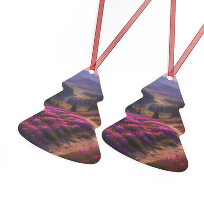 Metal Ornament — Scenic Mountain Valley with Pink Wildflowers (Holiday Decor) - Home Decor