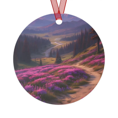 Metal Ornament — Scenic Mountain Valley with Pink Wildflowers (Holiday Decor) - Round / One Size - Home Decor