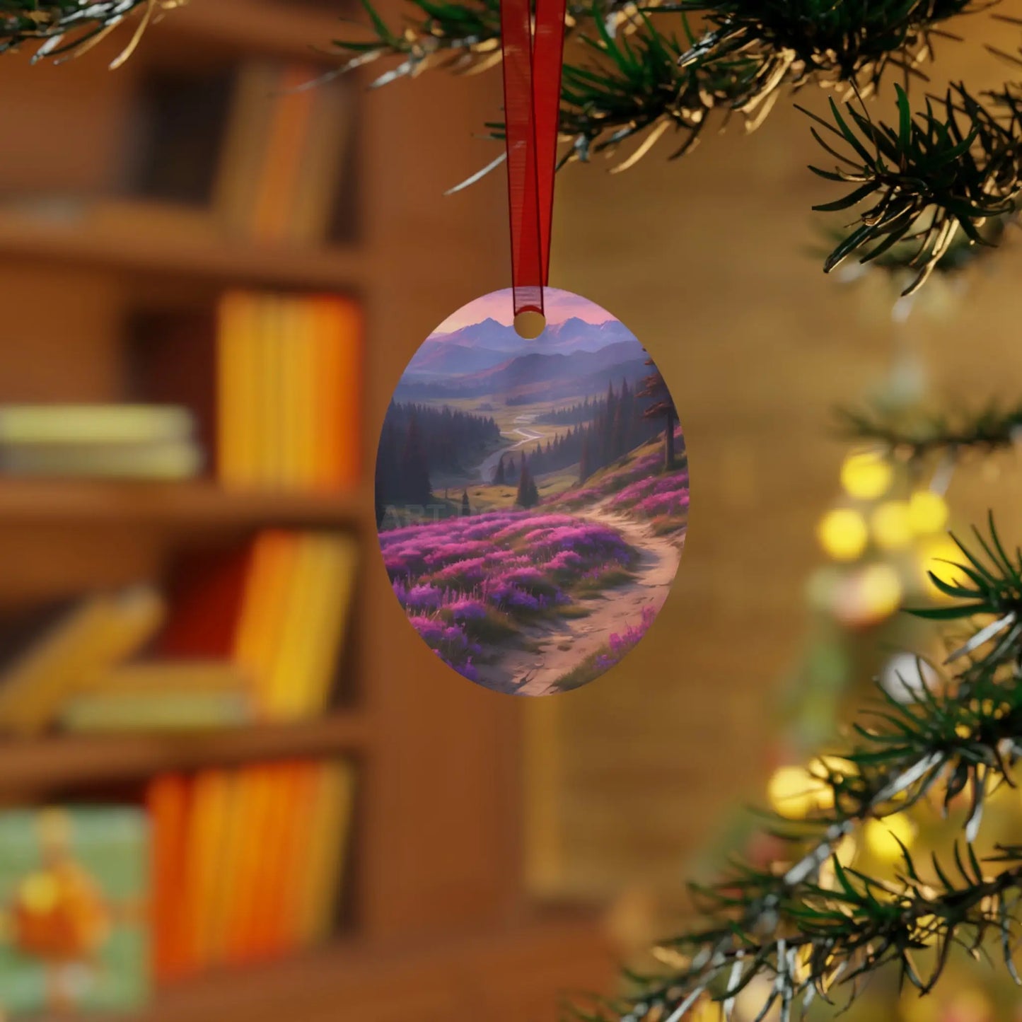 Metal Ornament — Scenic Mountain Valley with Pink Wildflowers (Holiday Decor) - Home Decor
