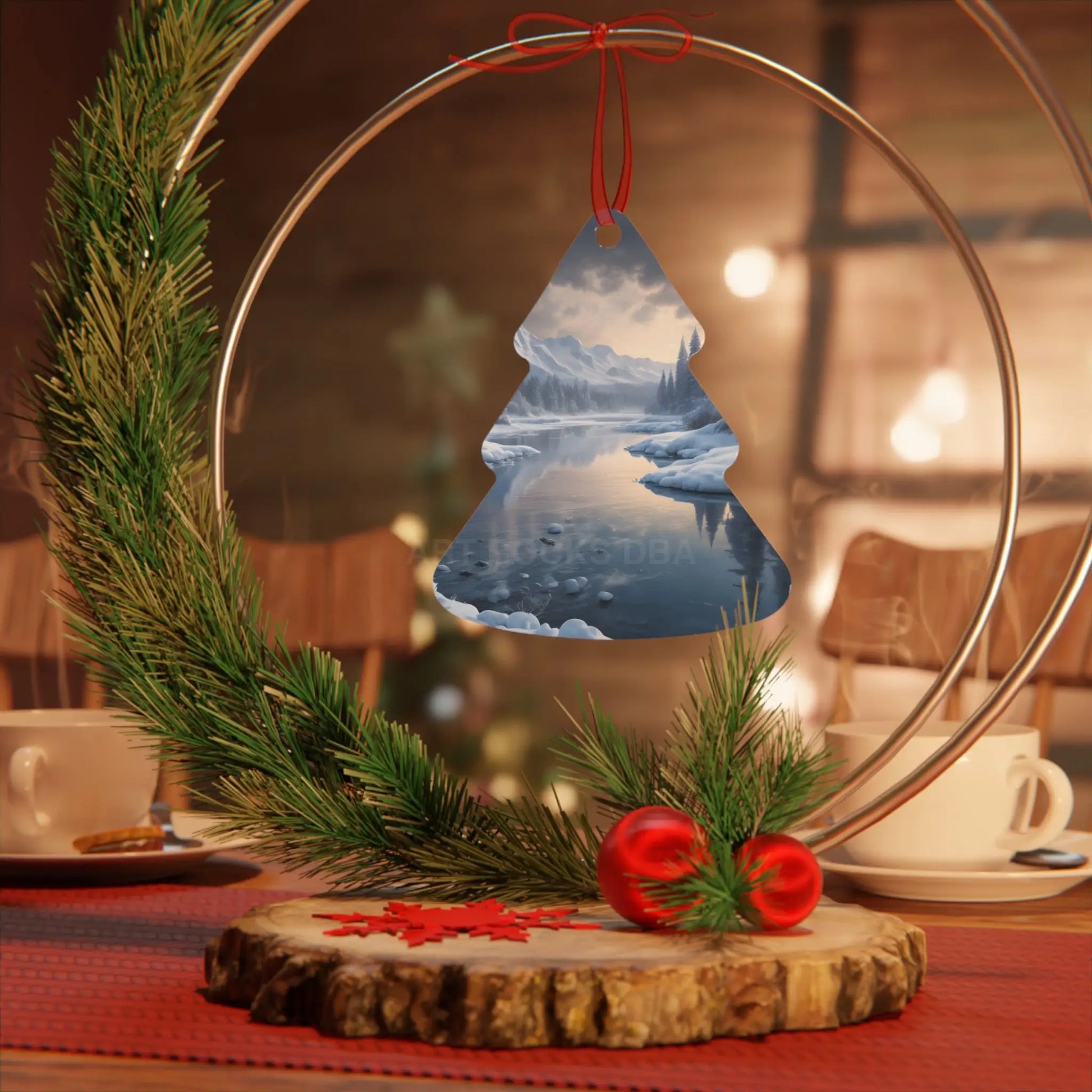 Metal Ornament — Tranquil Winter Snowy Lake in the Mountains - Home Decor