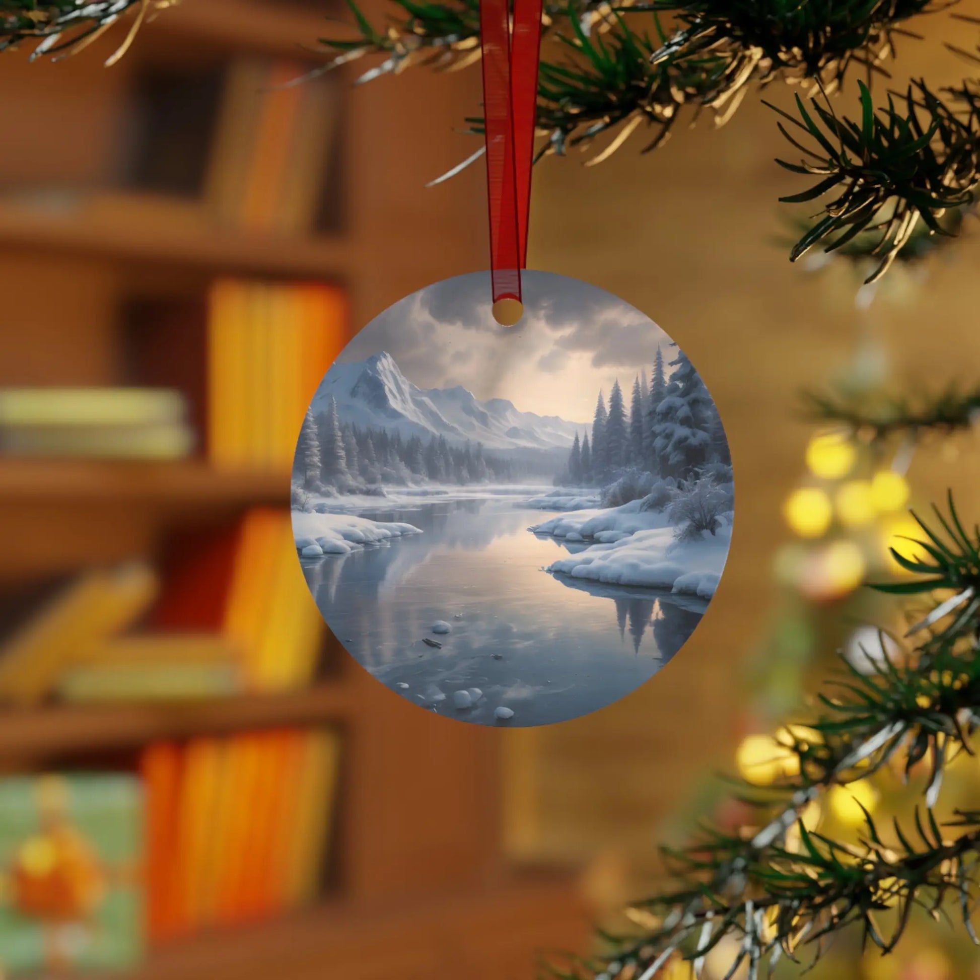 Metal Ornament — Tranquil Winter Snowy Lake in the Mountains - Home Decor