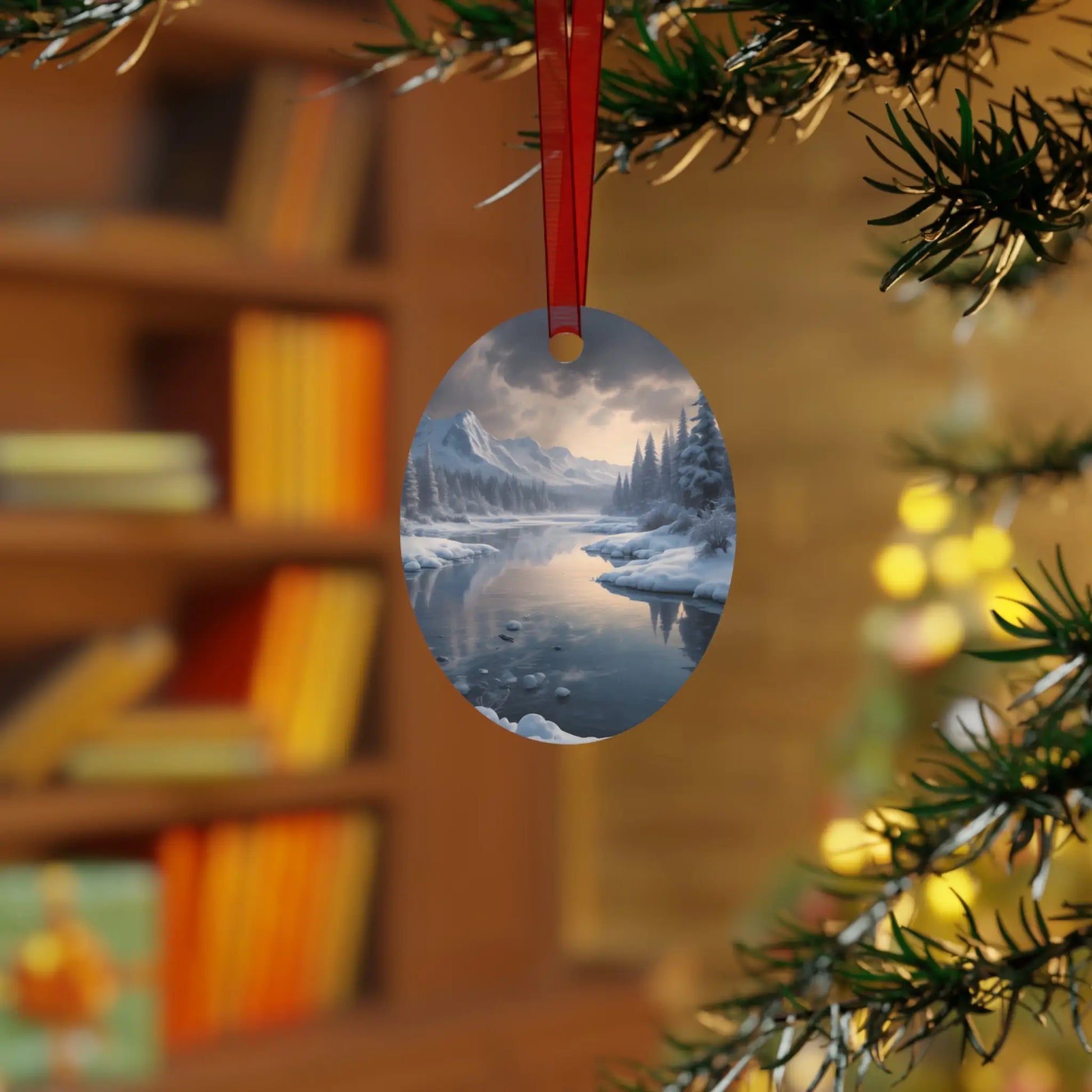 Metal Ornament — Tranquil Winter Snowy Lake in the Mountains - Home Decor