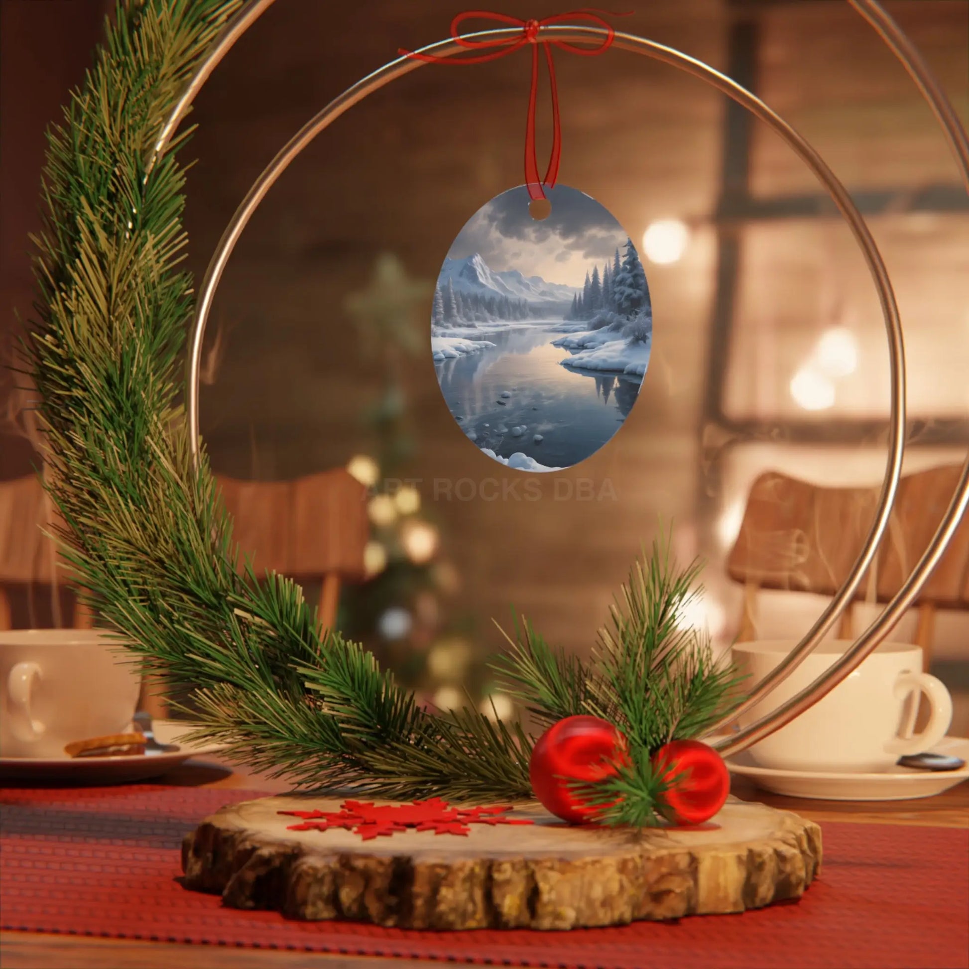 Metal Ornament — Tranquil Winter Snowy Lake in the Mountains - Home Decor