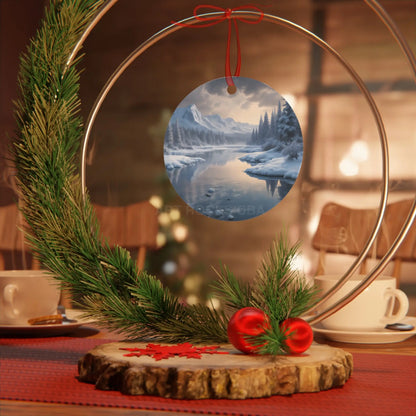 Metal Ornament — Tranquil Winter Snowy Lake in the Mountains - Home Decor
