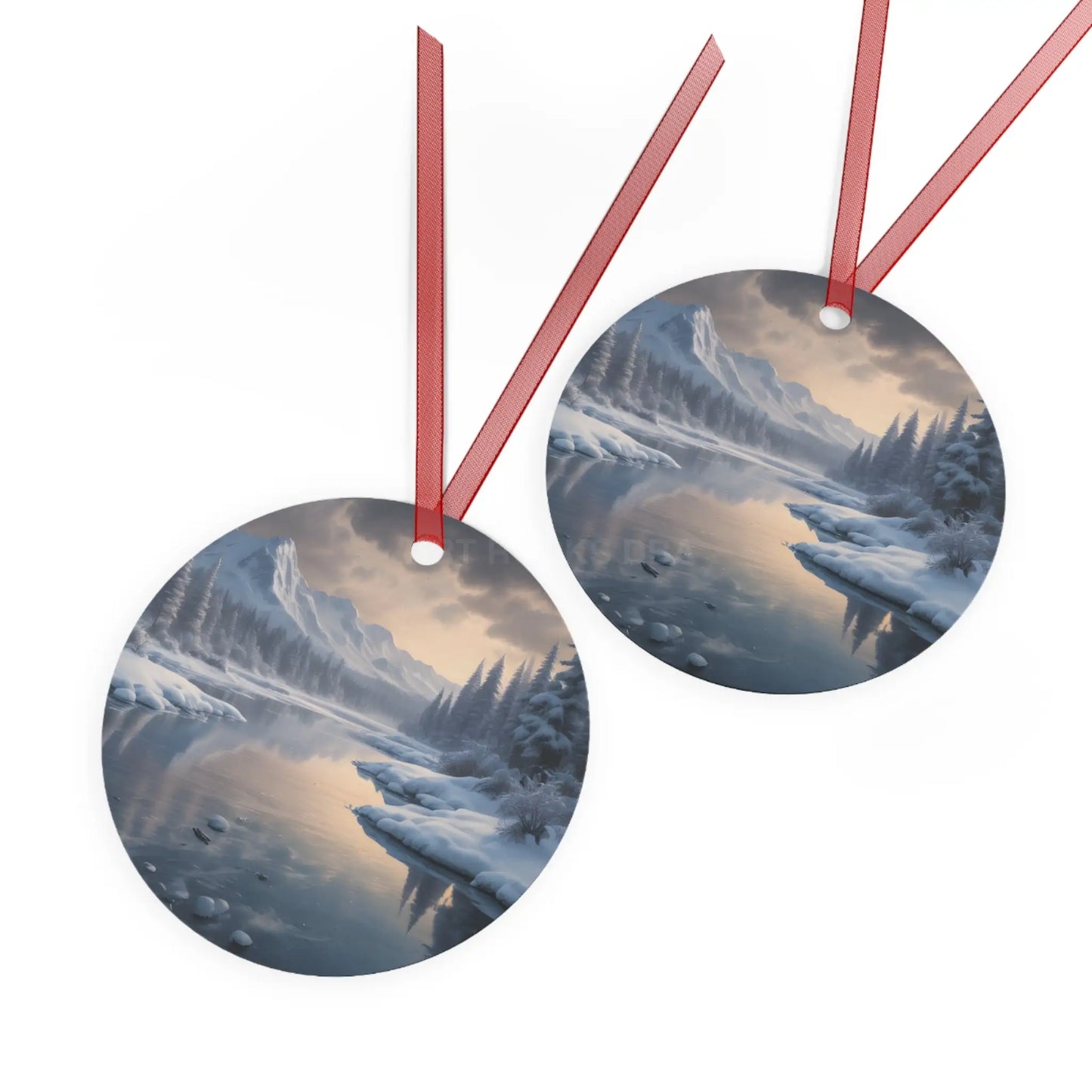 Metal Ornament — Tranquil Winter Snowy Lake in the Mountains - Home Decor