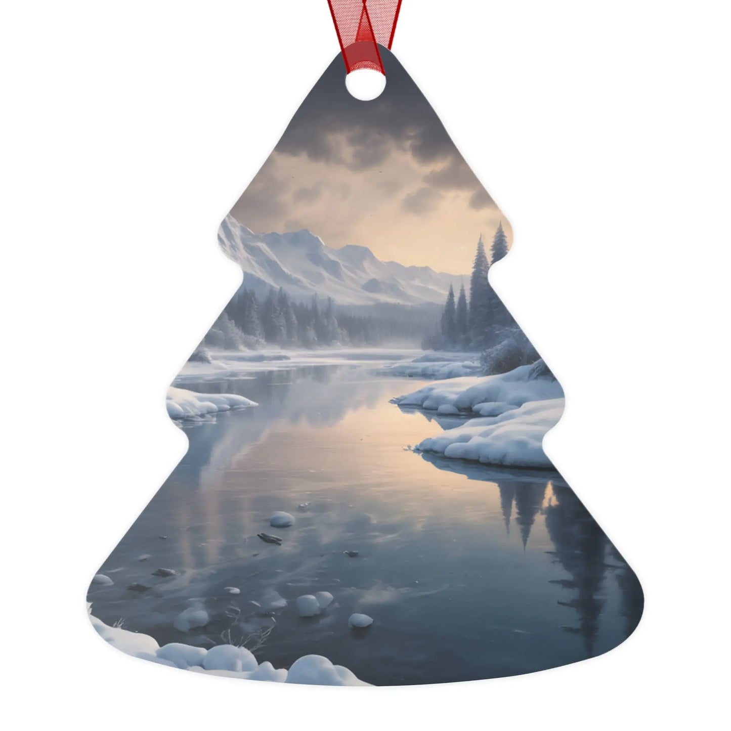Metal Ornament — Tranquil Winter Snowy Lake in the Mountains - Home Decor