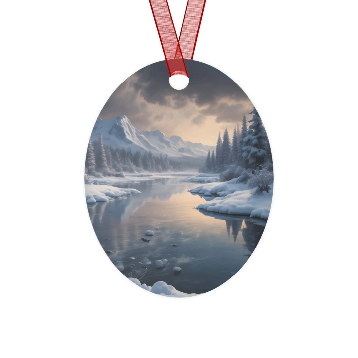 Metal Ornament — Tranquil Winter Snowy Lake in the Mountains - Oval / One Size - Home Decor