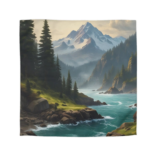 Microfiber Duvet Cover - Scenic Mountain and River Design - Queen / Cream - Home Decor