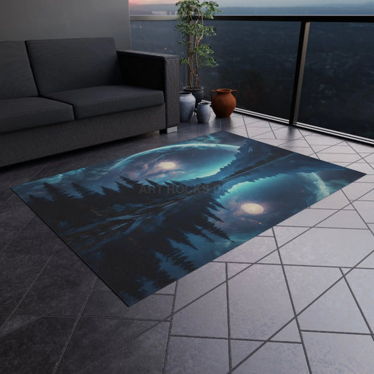 Midnight Forest Reflection Outdoor Rug Camping Decor Patio Mat Nature Lover Gift Cozy Outdoor Accessory Bohemian Home
