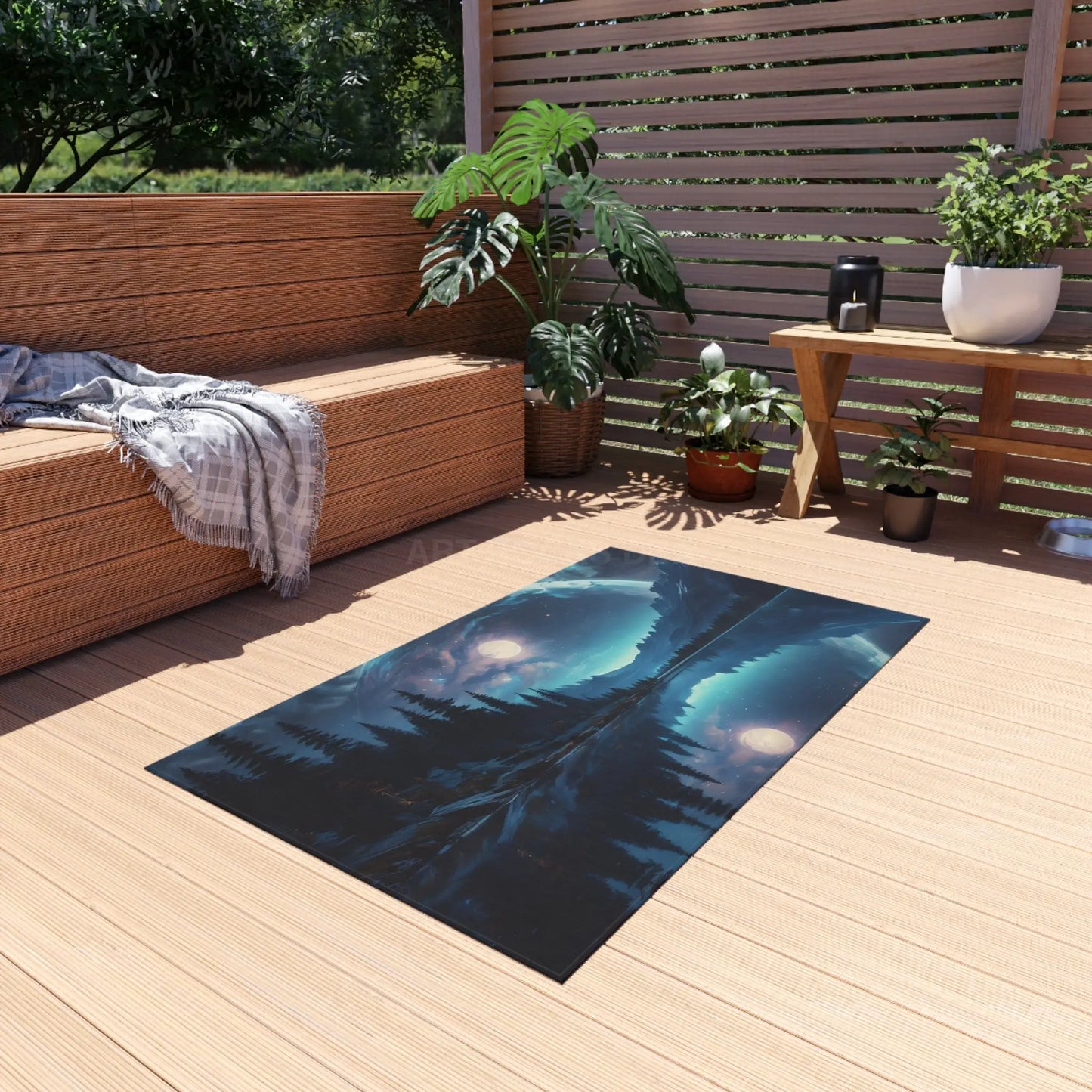 Midnight Forest Reflection Outdoor Rug Camping Decor Patio Mat Nature Lover Gift Cozy Outdoor Accessory Bohemian Home