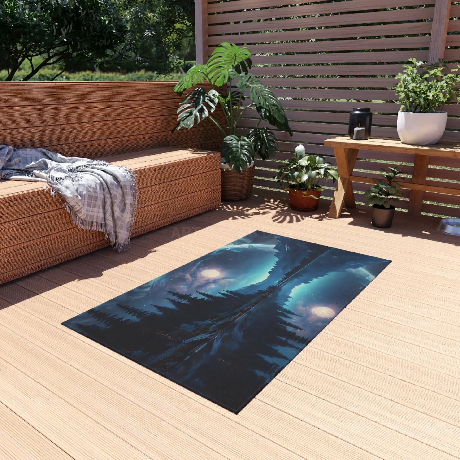 Midnight Forest Reflection Outdoor Rug Camping Decor Patio Mat Nature Lover Gift Cozy Outdoor Accessory Bohemian Home