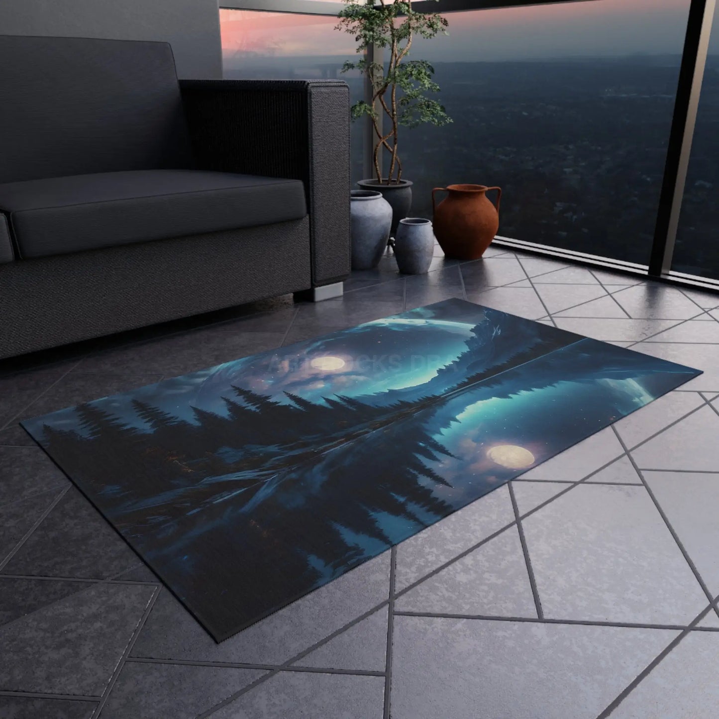 Midnight Forest Reflection Outdoor Rug Camping Decor Patio Mat Nature Lover Gift Cozy Outdoor Accessory Bohemian Home