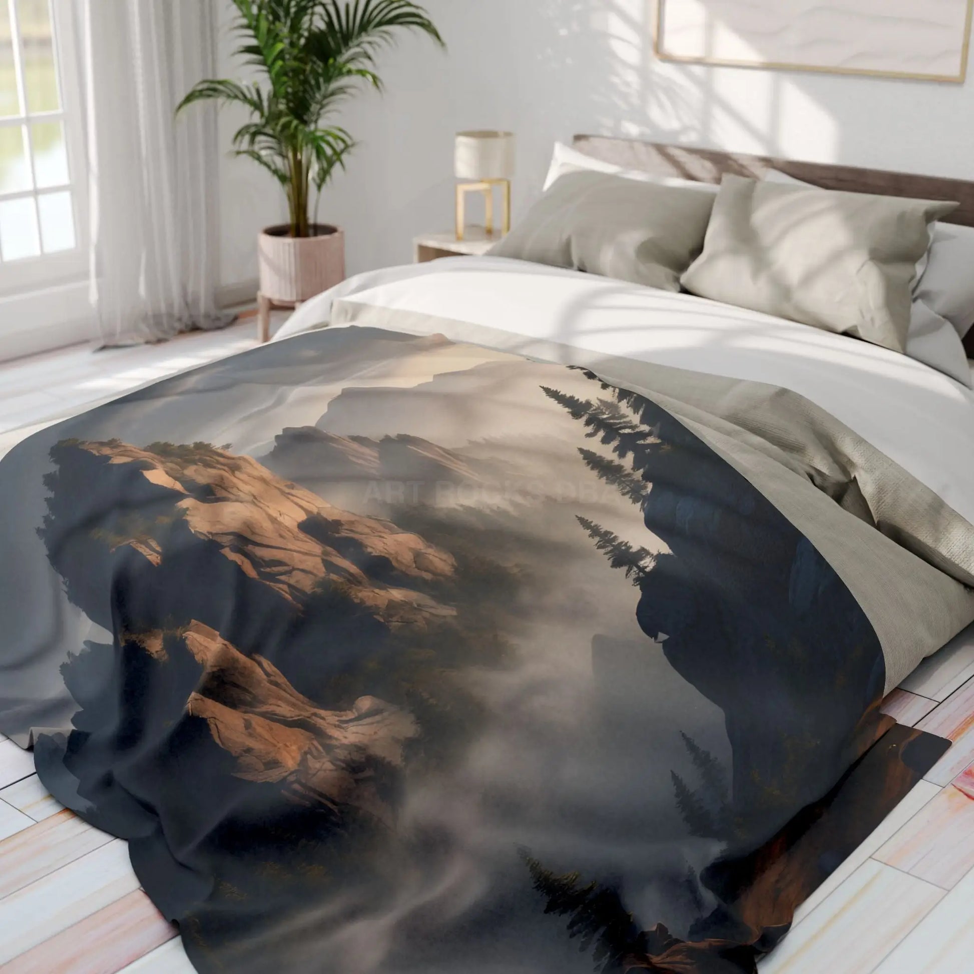 Misty Morning Mountaintop Landscape Fleece Blanket - Cozy Outdoor Decor - Home Decor