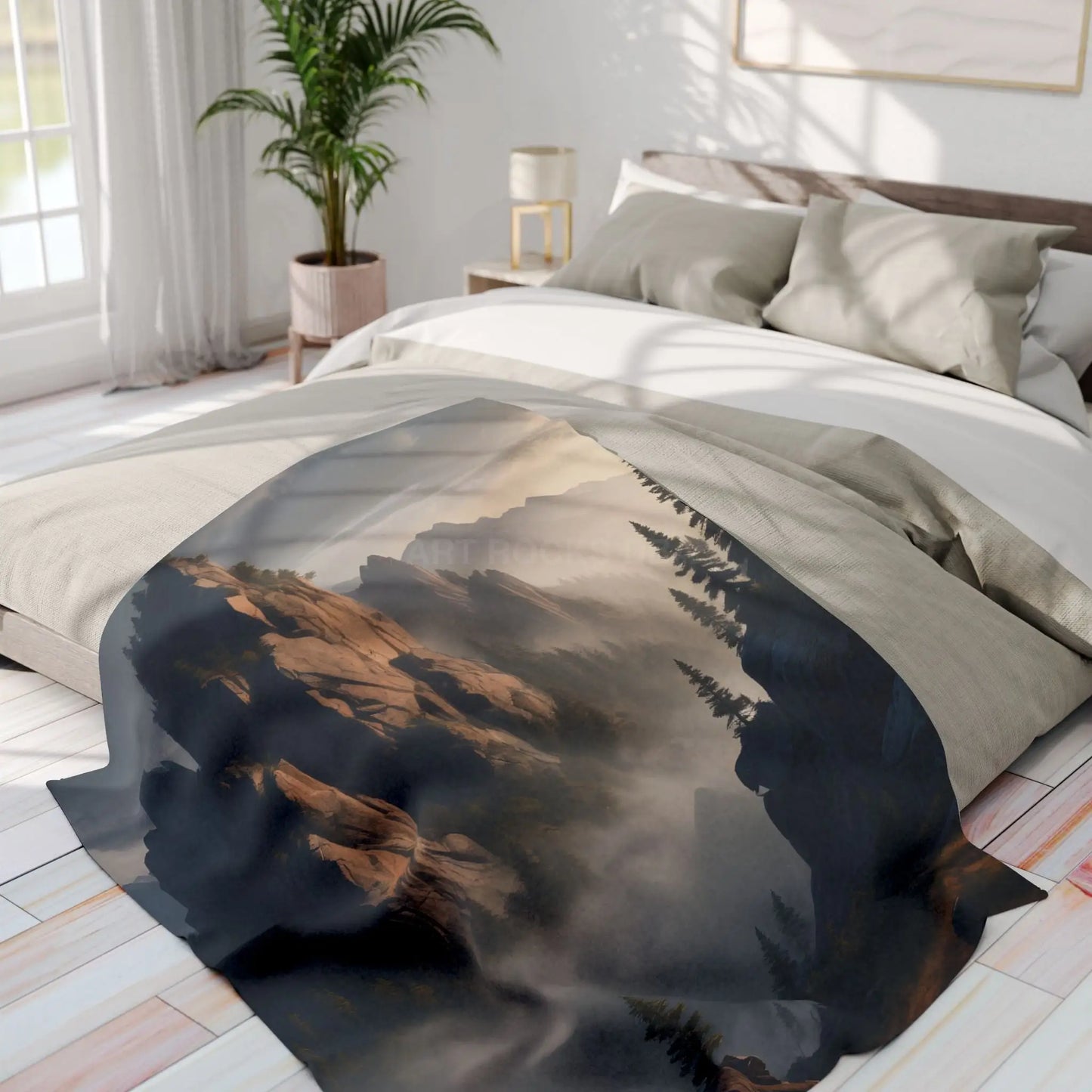 Misty Morning Mountaintop Landscape Fleece Blanket - Cozy Outdoor Decor - Home Decor