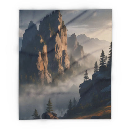 Misty Morning Mountaintop Landscape Fleece Blanket - Cozy Outdoor Decor - 50’’ × 60’’ - Home Decor