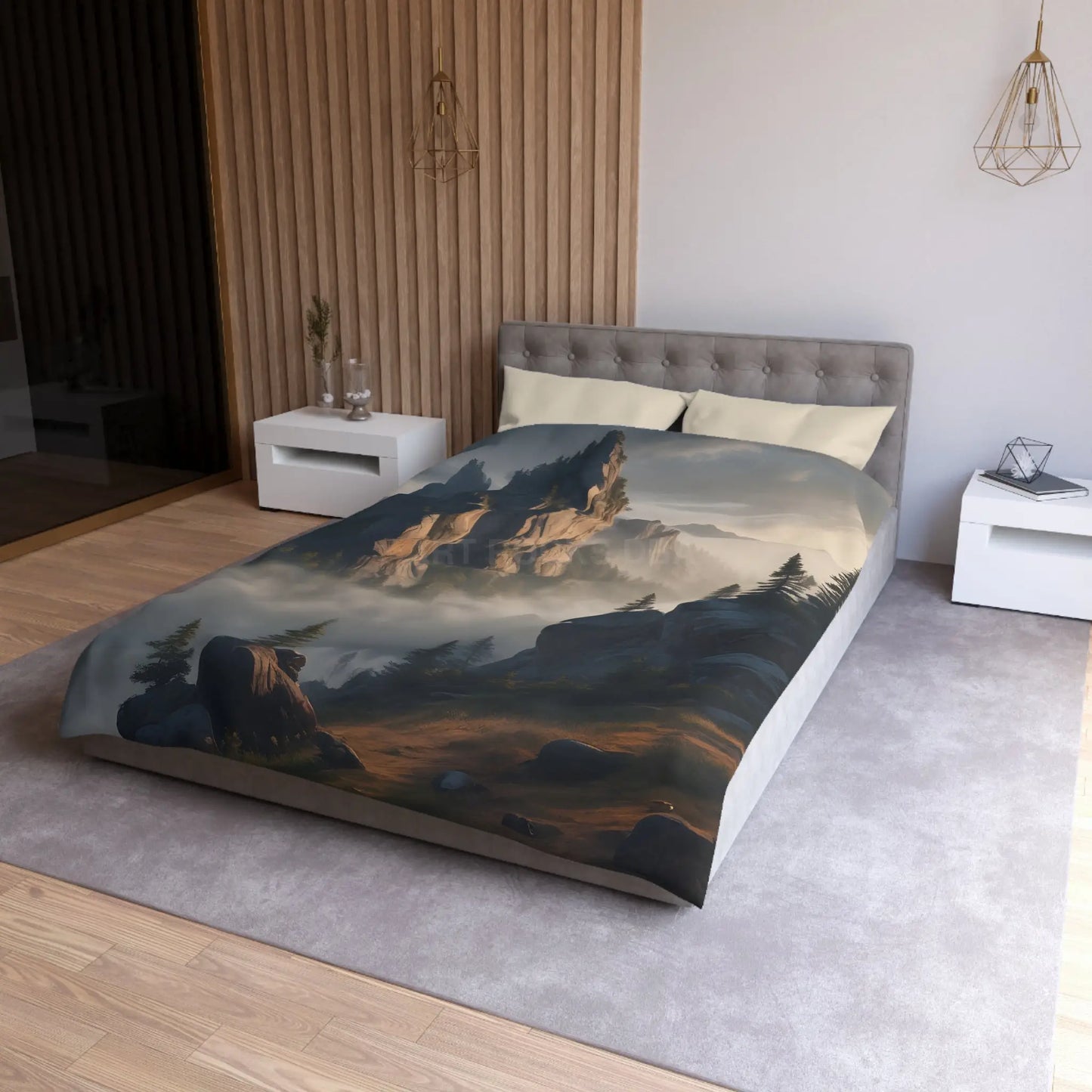 Misty Morning Mountaintop Landscape Microfiber Duvet Cover - Cozy Nature Bedding - Home Decor